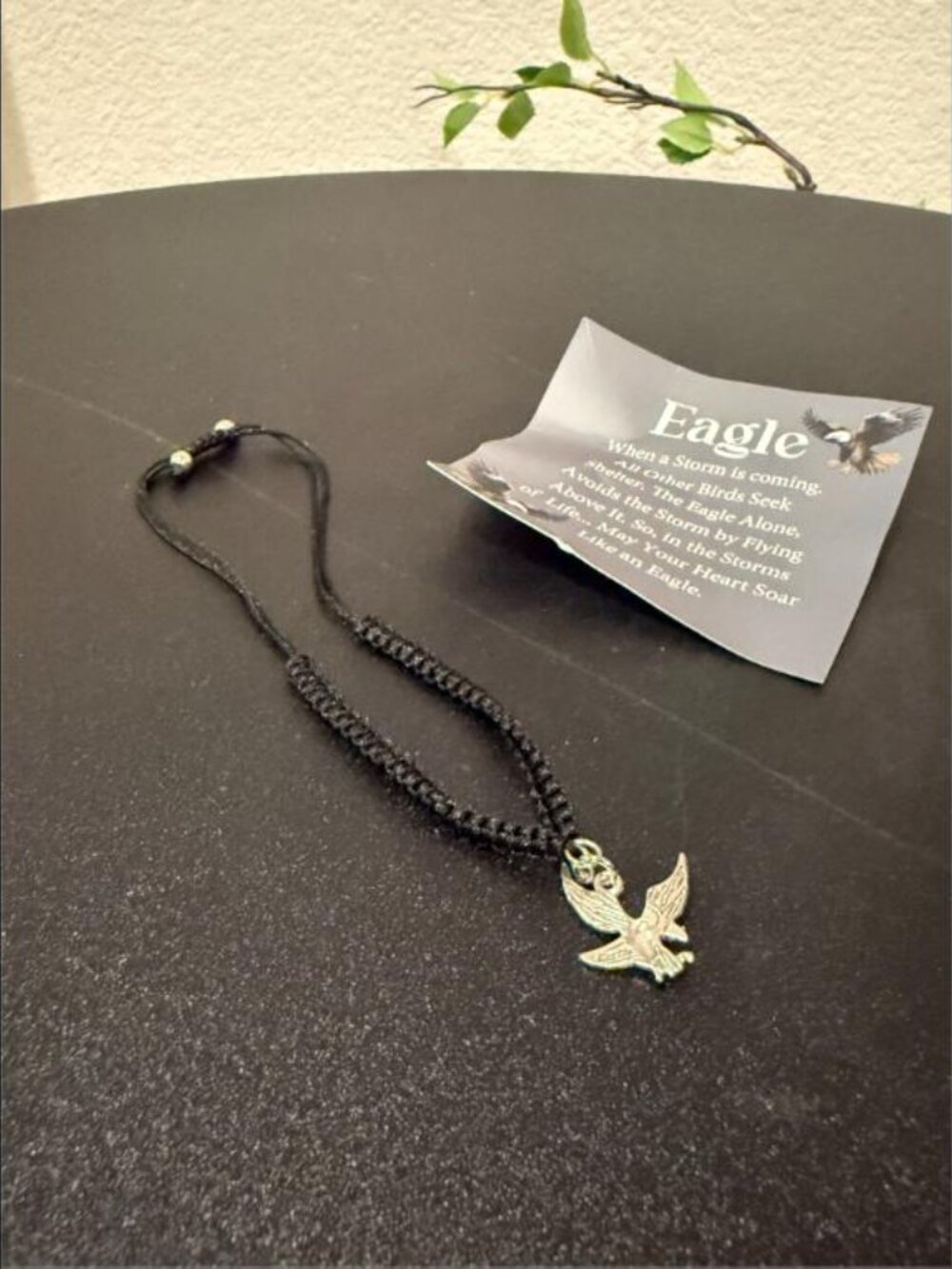 Eagle Charm Black Braided Cord Adjustable Bracelet + Pouch